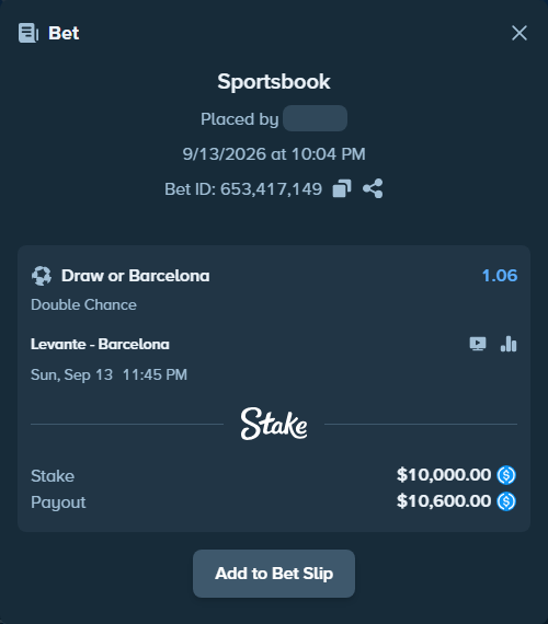 Bet slip: Levante - Barcelona, $10,000.00 stake at 1.06 odds, placed by bjellesau17