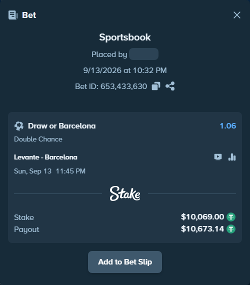 Bet slip: Levante - Barcelona, $10,066.99 stake at 1.06 odds, placed by bjellesau17