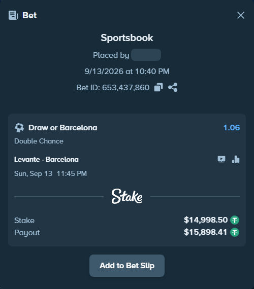 Bet slip: Levante - Barcelona, $14,997.00 stake at 1.06 odds, placed by joarug