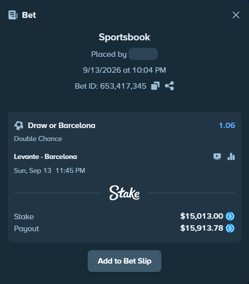 Bet slip: Levante - Barcelona, $15,013.00 stake at 1.06 odds, placed by bjellesau17