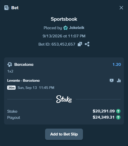 Bet slip: Levante - Barcelona, $20,280.94 stake at 1.20 odds, placed by Jakeleik