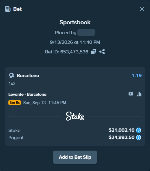 Bet slip: Levante - Barcelona, $21,000.00 stake at 1.19 odds, placed by ksports2026