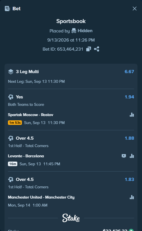 Bet slip: Levante - Barcelona, $22,425.00 stake at 1.88 odds, placed by Hidden
