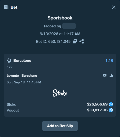 Bet slip: Levante - Barcelona, $26,566.69 stake at 1.16 odds, placed by reggieewellq