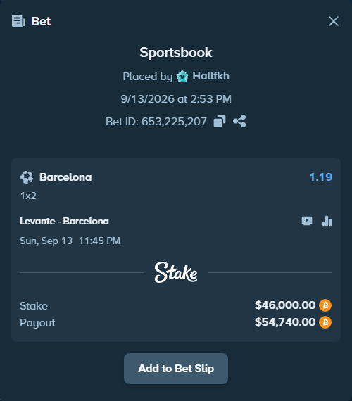 Bet slip: Levante - Barcelona, $46,290.06 stake at 1.19 odds, placed by Hallfkh