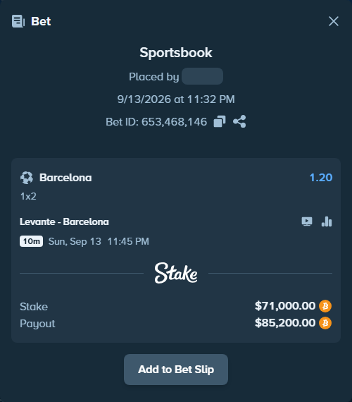 Bet slip: Levante - Barcelona, $71,472.06 stake at 1.20 odds, placed by 97signe