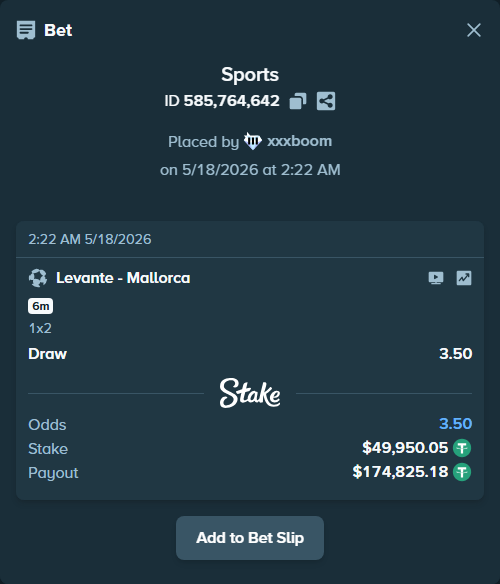 Bet slip: Levante - Mallorca, $50,000.00 stake at 3.50 odds, placed by xxxboom