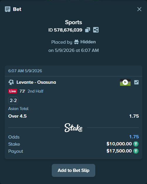 Bet slip: Levante - Osasuna, $10,000.00 stake at 1.75 odds, placed by Hidden