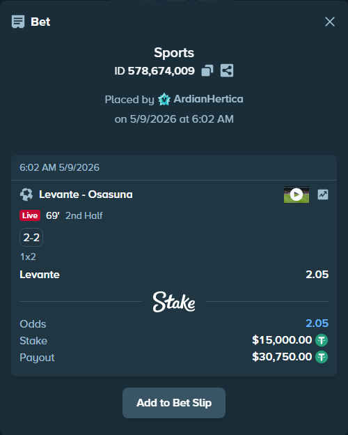 Bet slip: Levante - Osasuna, $15,000.00 stake at 2.05 odds, placed by ArdianHertica