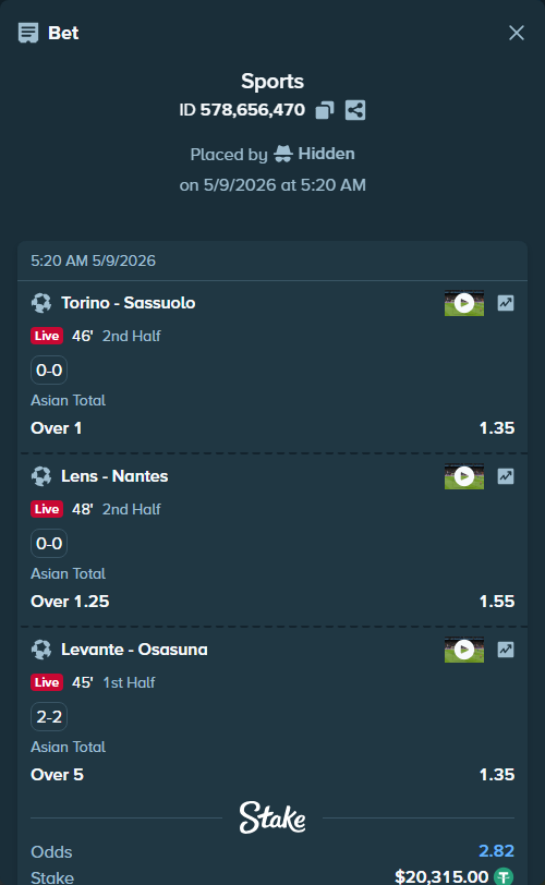 Bet slip: Levante - Osasuna, $20,315.00 stake at 1.35 odds, placed by Hidden