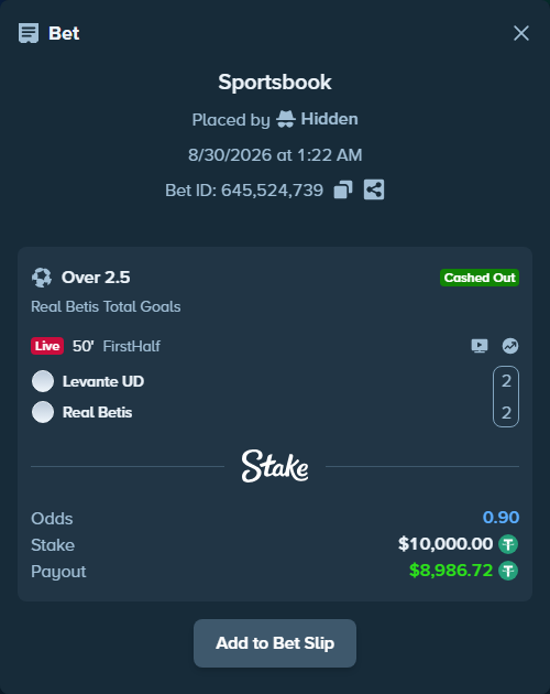 Bet slip: Levante - Real Betis, $10,000.00 stake at 1.50 odds, placed by Hidden