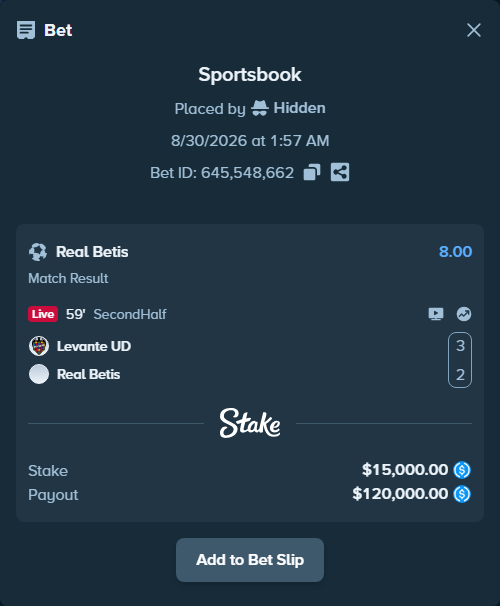 Bet slip: Levante - Real Betis, $15,000.00 stake at 8.00 odds, placed by Hidden