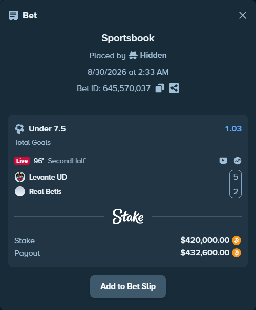 Bet slip: Levante - Real Betis, $420,381.65 stake at 1.03 odds, placed by Hidden