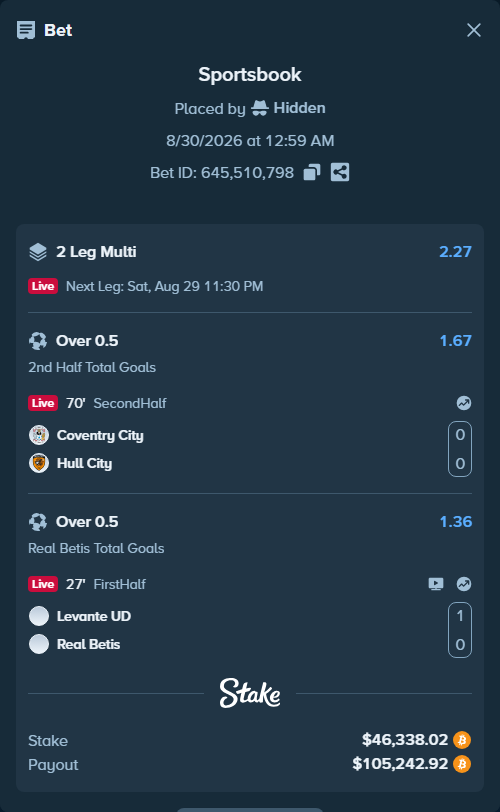 Bet slip: Levante - Real Betis, $46,362.80 stake at 1.36 odds, placed by Hidden