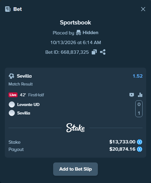 Bet slip: Levante - Sevilla, $13,733.00 stake at 1.52 odds, placed by olavandr