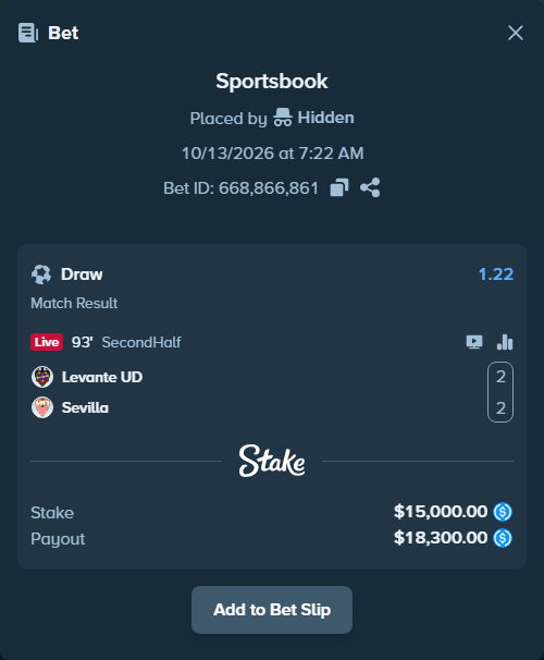 Bet slip: Levante - Sevilla, $15,000.00 stake at 1.22 odds, placed by olavandr