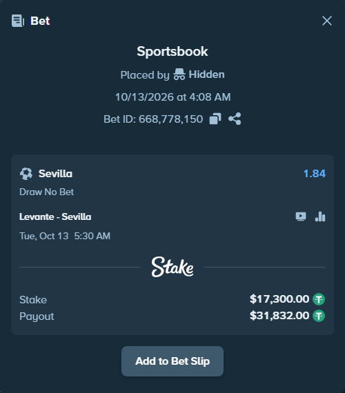Bet slip: Levante - Sevilla, $17,317.30 stake at 1.84 odds, placed by Othmane2kiks