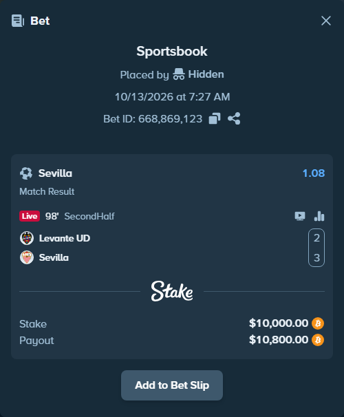 Bet slip: Levante - Sevilla, $9,959.45 stake at 1.08 odds, placed by Espnik