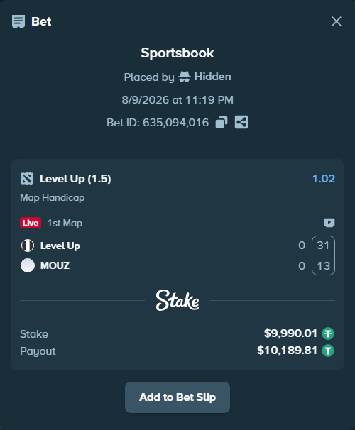 Bet slip: Level Up - MOUZ, $10,000.00 stake at 1.02 odds, placed by Hidden