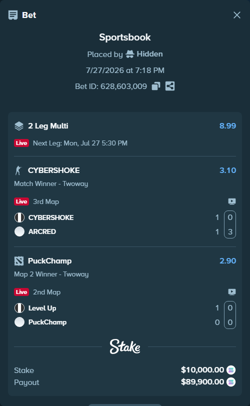 Bet slip: Level Up - PuckChamp, $9,527.04 stake at 2.90 odds, placed by Hidden