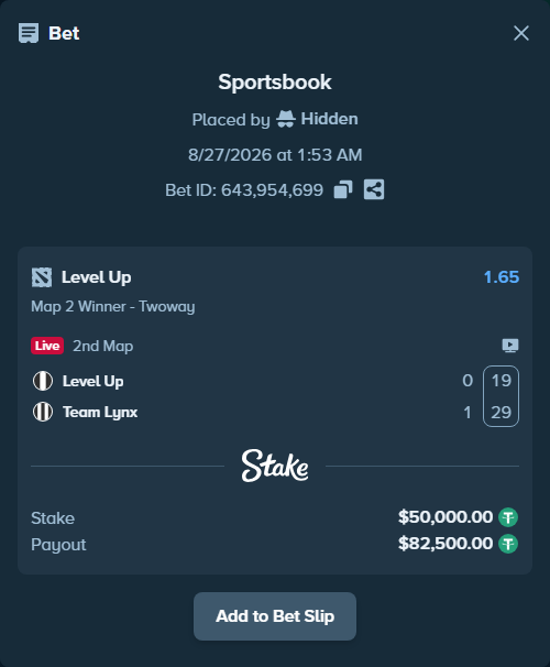 Bet slip: Level Up - Team Lynx, $50,000.00 stake at 1.65 odds, placed by Hidden