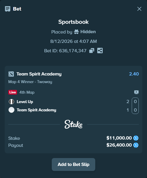 Bet slip: Level Up - Team Spirit Academy, $11,000.00 stake at 2.40 odds, placed by Hidden