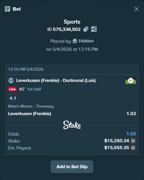 Bet slip: Leverkusen (Frenkie) - Dortmund (Luis), $12,465.94 stake at 1.02 odds, placed by Hidden