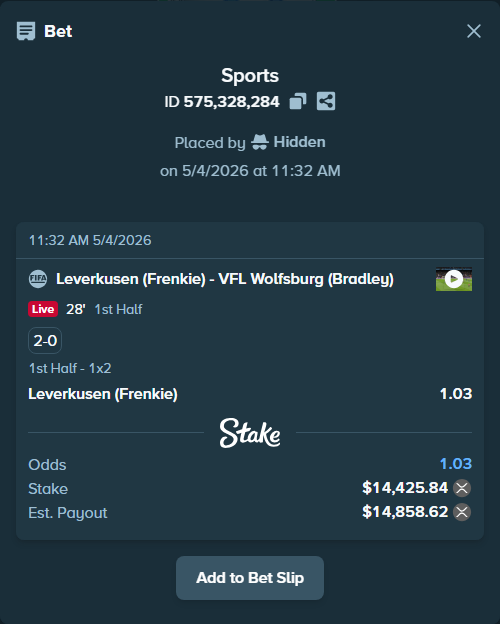 Bet slip: Leverkusen (Frenkie) - VFL Wolfsburg (Bradley), $11,856.67 stake at 1.03 odds, placed by Hidden
