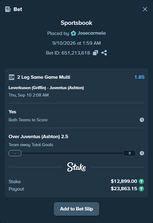 Bet slip: Leverkusen (Griffin) - Juventus (Ashton), $12,899.00 stake at 1.06 odds, placed by Josecarmelo
