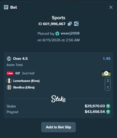 Bet slip: Leverkusen (Kros) - Benfica (Ultra), $30,000.00 stake at 1.45 odds, placed by wswrj2008