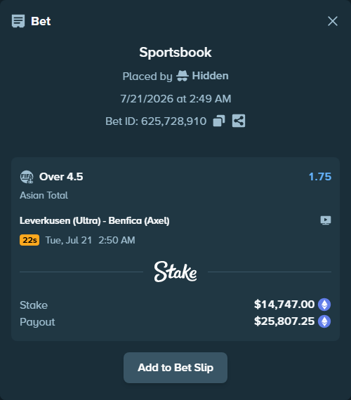 Bet slip: Leverkusen (Ultra) - Benfica (Axel), $14,779.91 stake at 1.75 odds, placed by Hidden