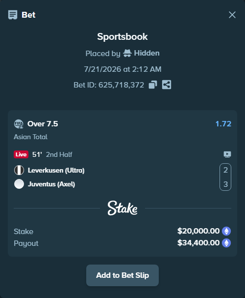 Bet slip: Leverkusen (Ultra) - Juventus (Axel), $20,048.44 stake at 1.72 odds, placed by Hidden