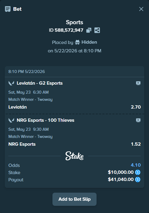 Bet slip: Leviatán - G2 Esports, $10,000.00 stake at 2.70 odds, placed by Hidden