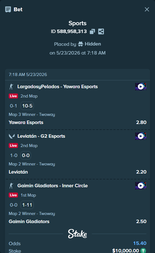 Bet slip: Leviatán - G2 Esports, $10,010.00 stake at 2.20 odds, placed by Hidden