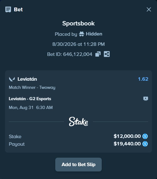 Bet slip: Leviatán - G2 Esports, $12,000.00 stake at 1.62 odds, placed by Hidden