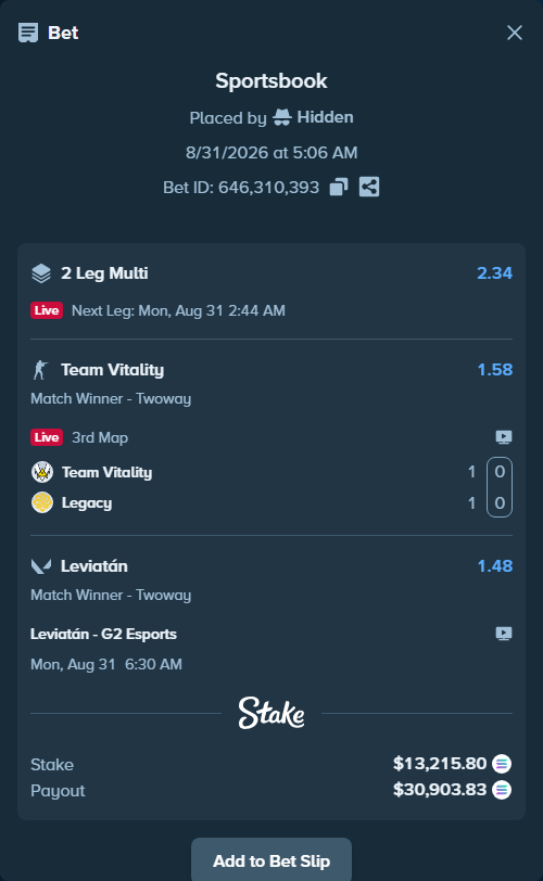 Bet slip: Leviatán - G2 Esports, $12,561.19 stake at 1.48 odds, placed by Hidden