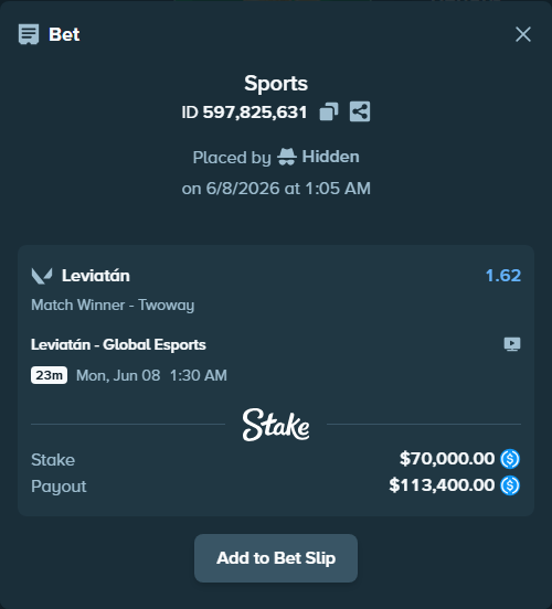 Bet slip: Leviatán - Global Esports, $70,000.00 stake at 1.62 odds, placed by Hidden