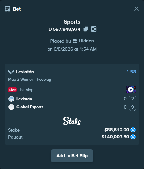 Bet slip: Leviatán - Global Esports, $88,610.00 stake at 1.58 odds, placed by Hidden