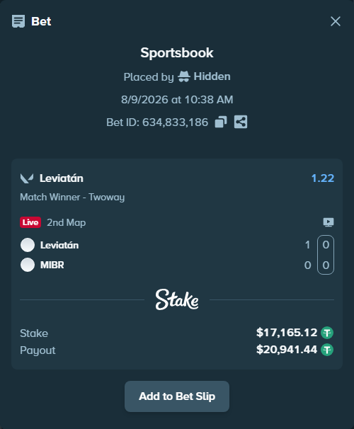 Bet slip: Leviatán - MIBR, $17,182.28 stake at 1.22 odds, placed by Hidden