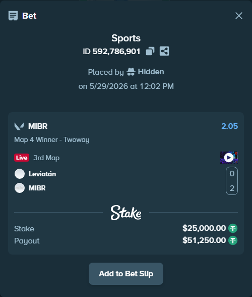 Bet slip: Leviatán - MIBR, $25,025.00 stake at 2.05 odds, placed by Hidden