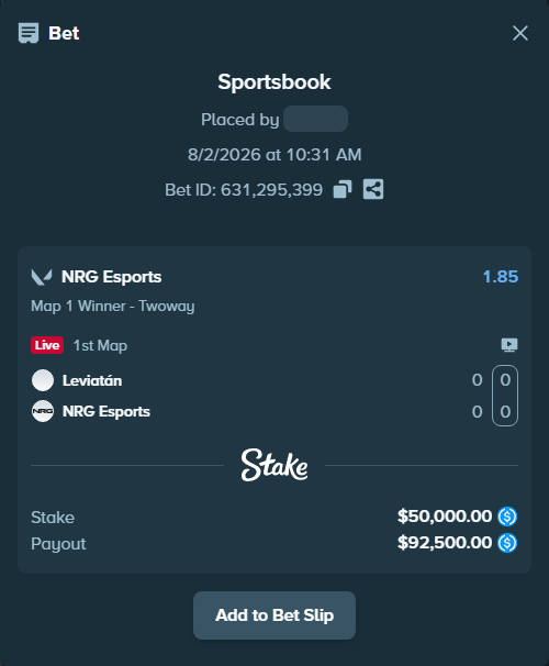 Bet slip: Leviatán - NRG Esports, $50,000.00 stake at 1.85 odds, placed by Cabrzy