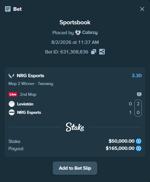 Bet slip: Leviatán - NRG Esports, $50,000.00 stake at 3.30 odds, placed by Cabrzy