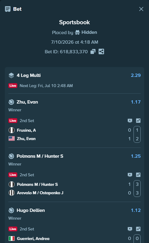 Bet slip: Lewis M / Sebov K - Arseneault A / Ovcharenko E, $11,207.00 stake at 1.40 odds, placed by Hidden