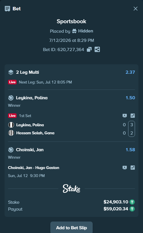 Bet slip: Leykina, Polina - Hossam Salah, Gana, $24,928.00 stake at 1.50 odds, placed by Hidden