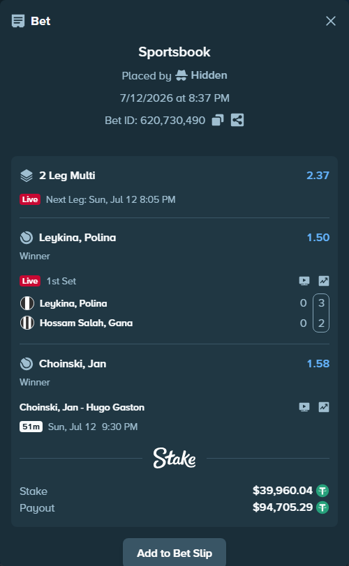 Bet slip: Leykina, Polina - Hossam Salah, Gana, $40,000.00 stake at 1.50 odds, placed by Hidden