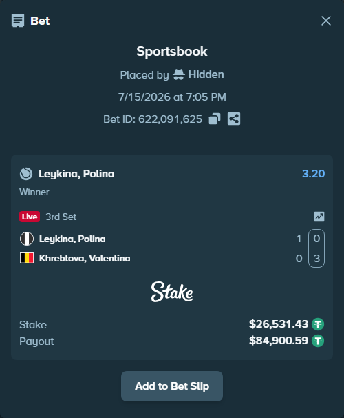 Bet slip: Leykina, Polina - Khrebtova, Valentina, $26,557.96 stake at 3.20 odds, placed by Hidden