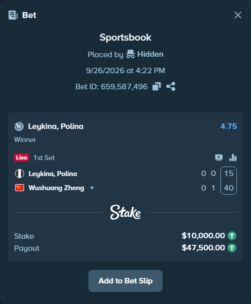 Bet slip: Leykina, Polina - Wushuang Zheng, $10,000.00 stake at 4.75 odds, placed by Hidden