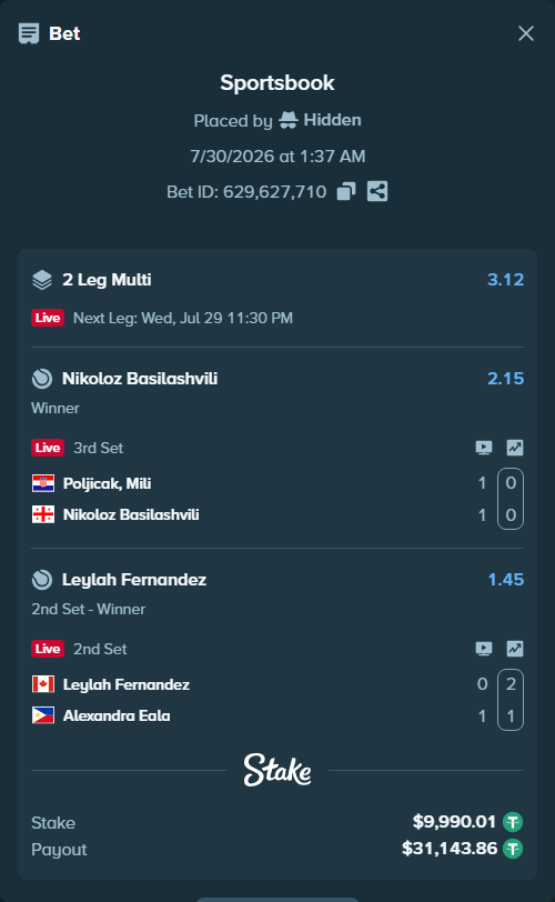 Bet slip: Leylah Fernandez - Alexandra Eala, $10,000.00 stake at 1.45 odds, placed by Hidden