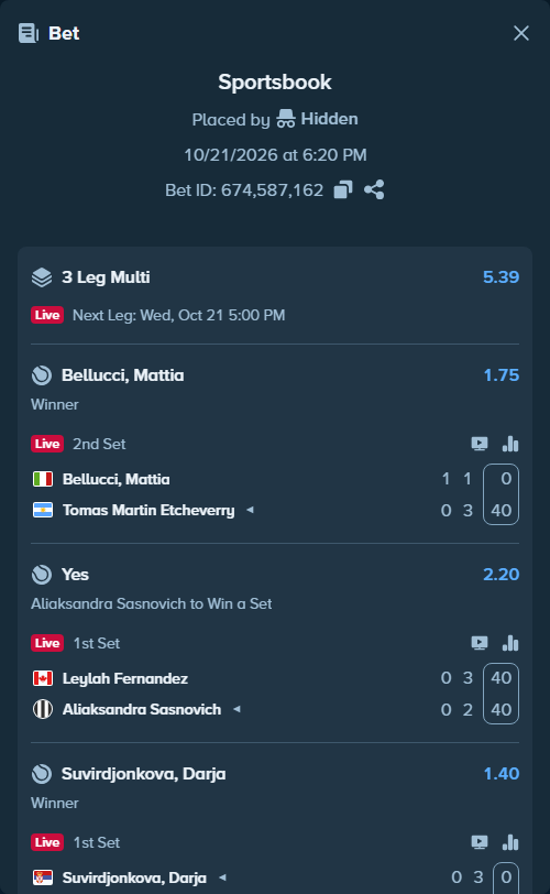 Bet slip: Leylah Fernandez - Aliaksandra Sasnovich, $11,000.00 stake at 2.20 odds, placed by Hidden