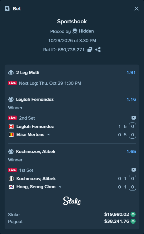 Bet slip: Leylah Fernandez - Elise Mertens, $20,000.00 stake at 1.16 odds, placed by Hidden